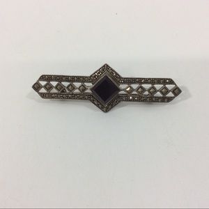 Vintage 925 Sterling Silver Black Onyx Marcasite Bar Pin Brooch